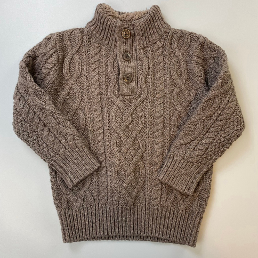 Baby GAP Sweater Size 4 Brown Cable Knit Button Mock Neck Wool Blend Fisherman